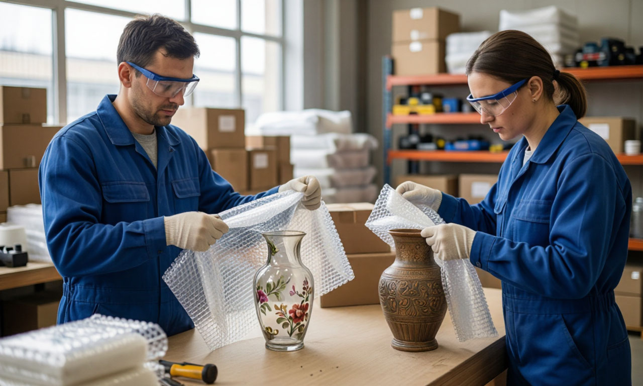 Professional packers wrapping items